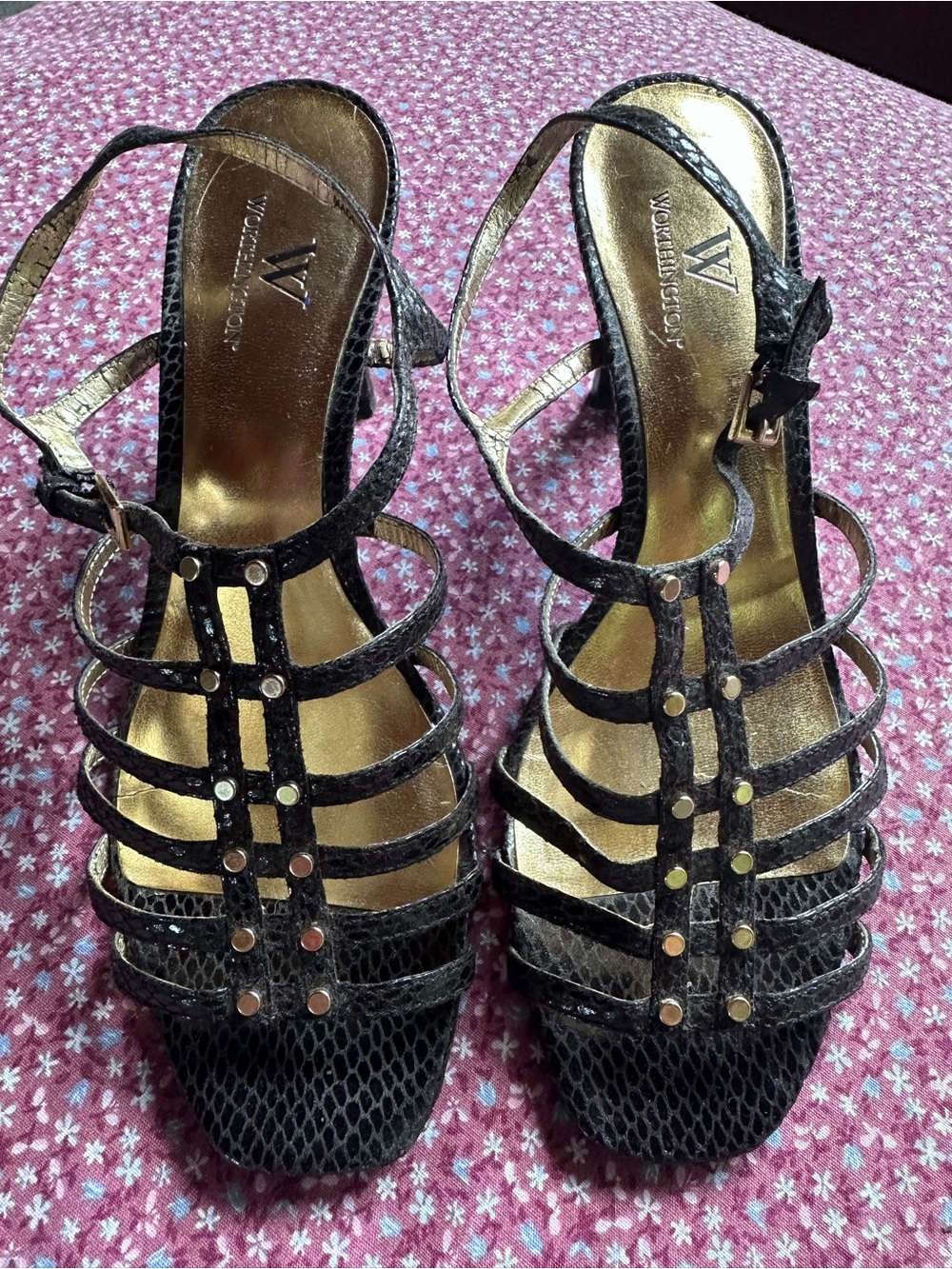 Worthington Black Strappy Heeled Sandals with Gold Insole